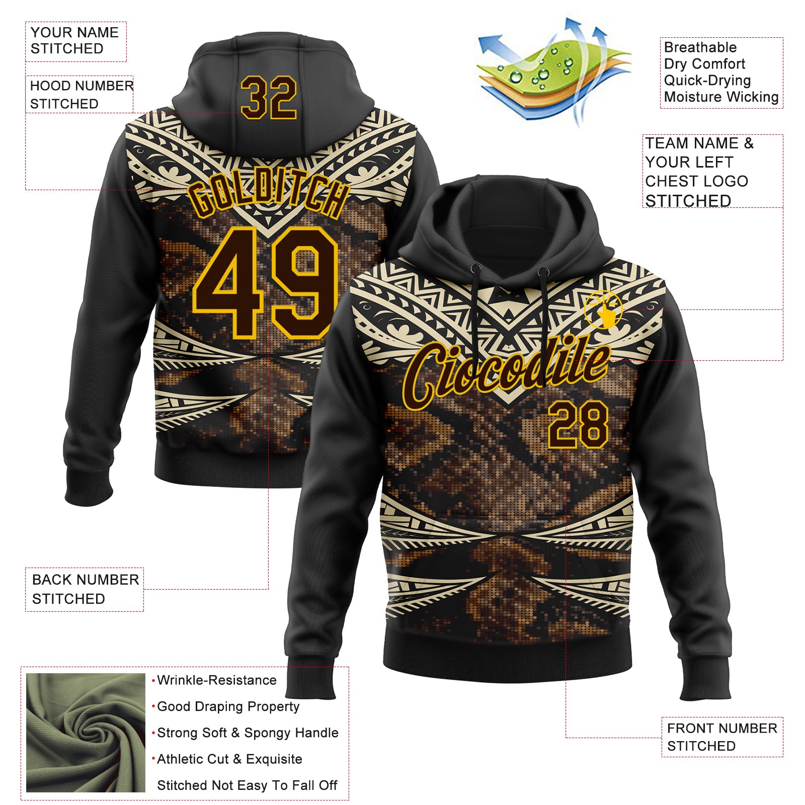 Custom Stitched Black Brown Cream-Yellow 3D Pattern Design Snake Skin Print Sportswear Pullover Sweatshirt Hoodie