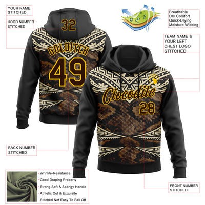 Custom Stitched Black Brown Cream-Yellow 3D Pattern Design Snake Skin Print Sportswear Pullover Sweatshirt Hoodie