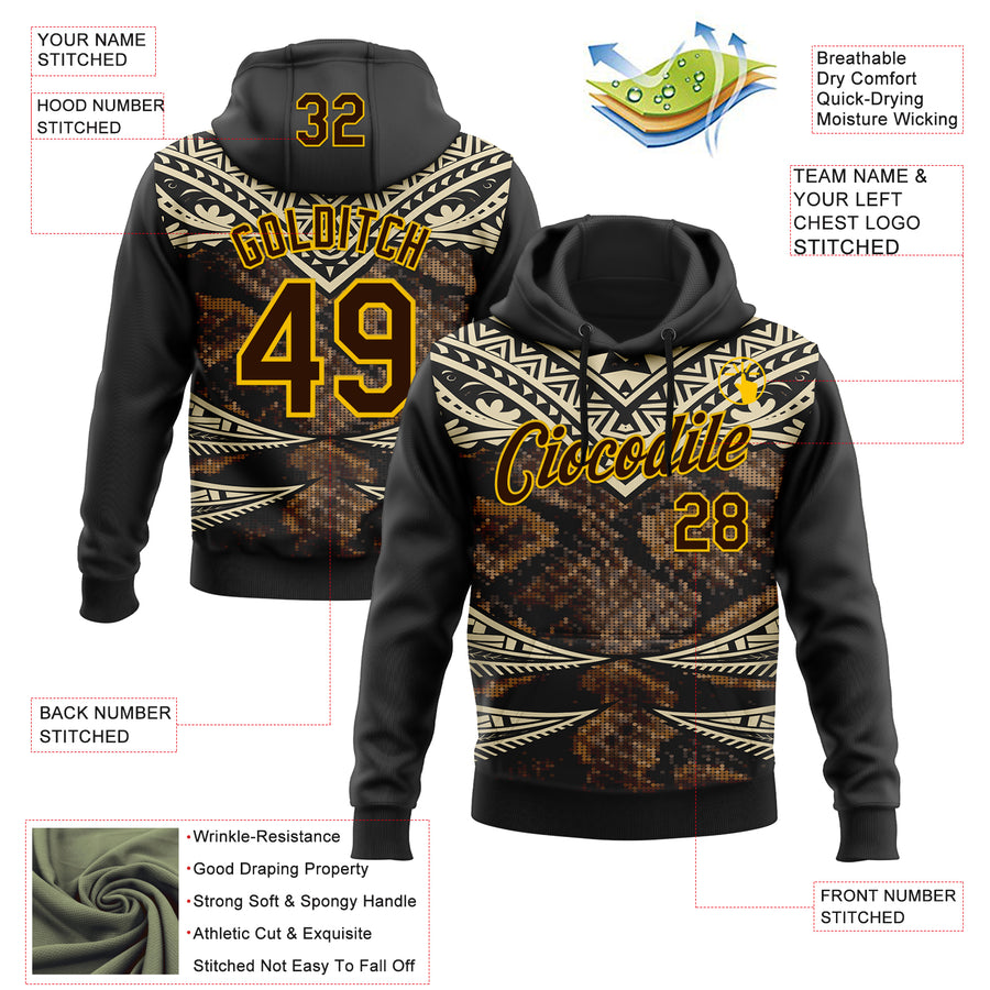 Custom Stitched Black Brown Cream-Yellow 3D Pattern Design Snake Skin Print Sportswear Pullover Sweatshirt Hoodie