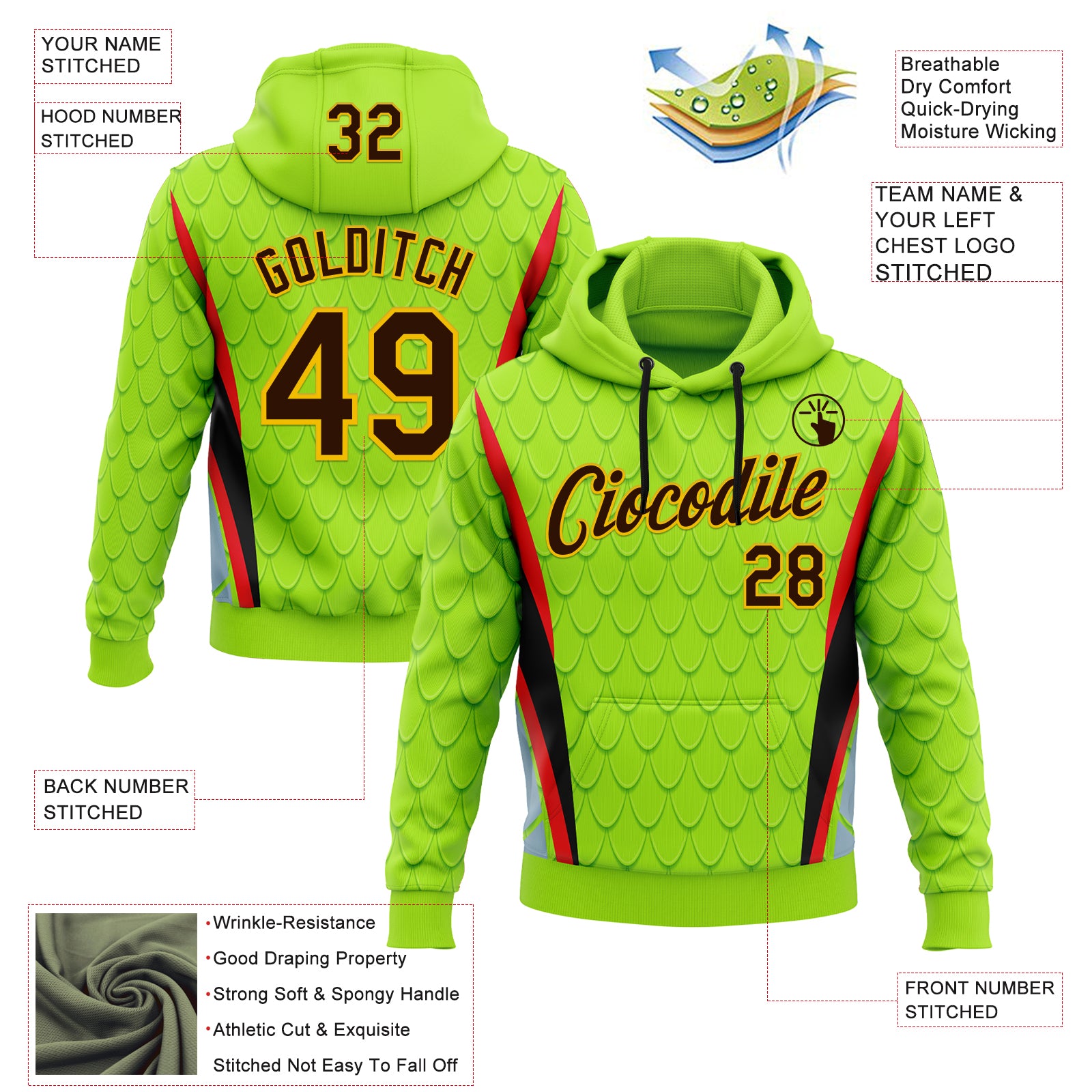 Custom Stitched Neon Green Brown Red Black-Yellow 3D Pattern Design Snake Skin Print Sportswear Pullover Sweatshirt Hoodie