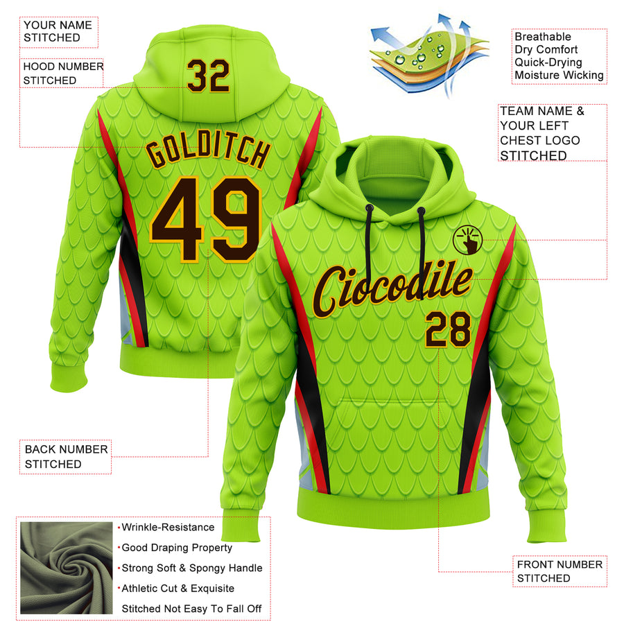 Custom Stitched Neon Green Brown Red Black-Yellow 3D Pattern Design Snake Skin Print Sportswear Pullover Sweatshirt Hoodie