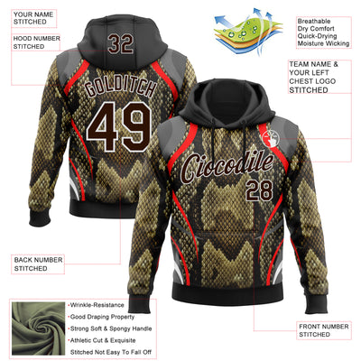Custom Stitched Black Brown Red-White 3D Pattern Design Snake Skin Print Sportswear Pullover Sweatshirt Hoodie
