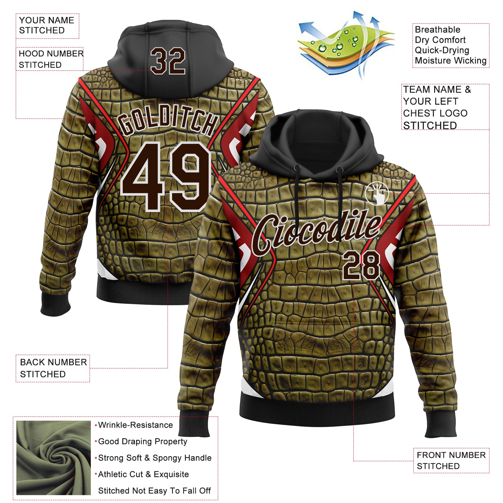 Custom Stitched Green Brown Black Red-White 3D Pattern Design Crocodile Skin Print Sportswear Pullover Sweatshirt Hoodie