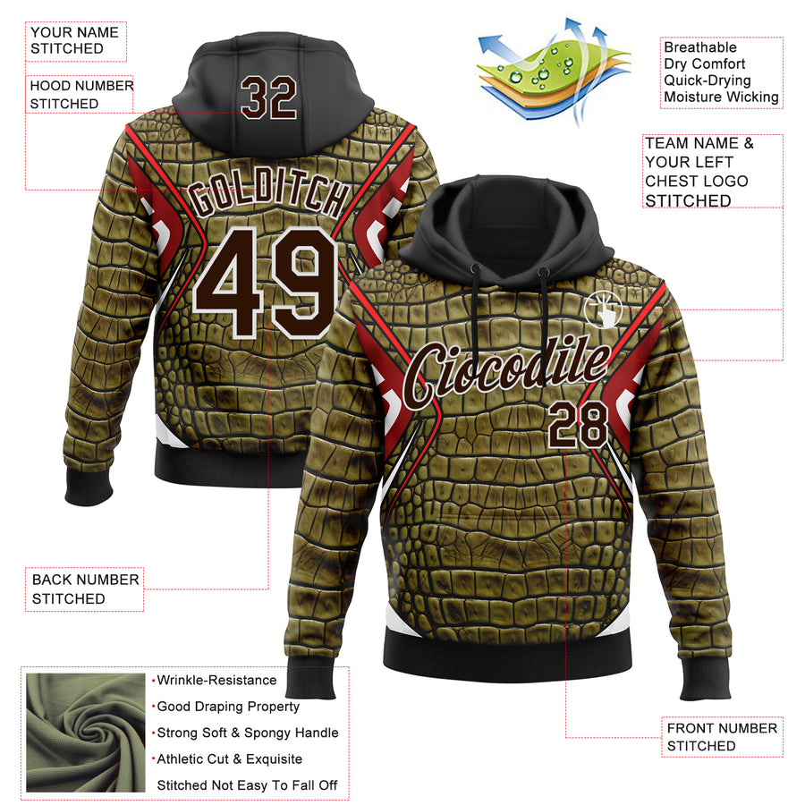 Custom Stitched Green Brown Black Red-White 3D Pattern Design Crocodile Skin Print Sportswear Pullover Sweatshirt Hoodie