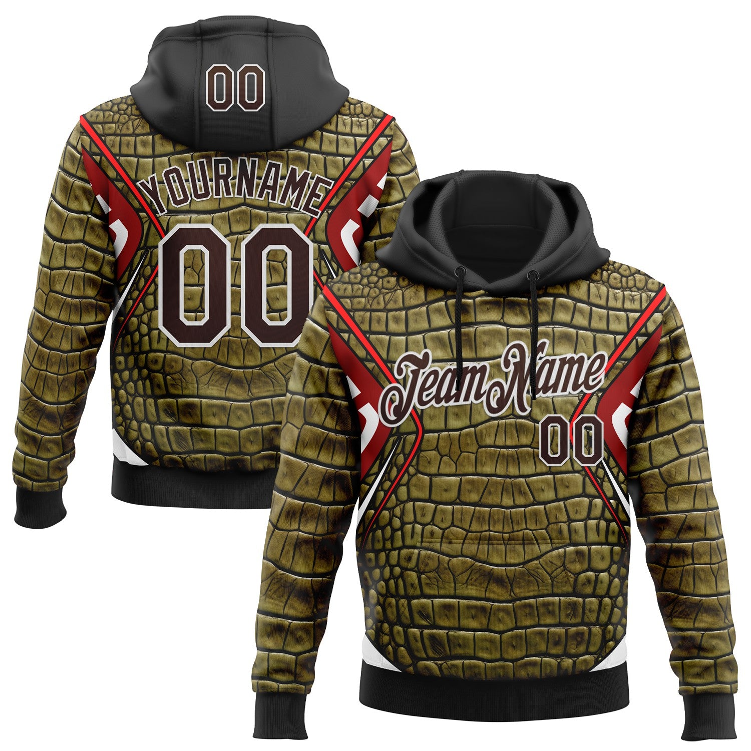 Custom Stitched Green Brown Black Red-White 3D Pattern Design Crocodile Skin Print Sportswear Pullover Sweatshirt Hoodie