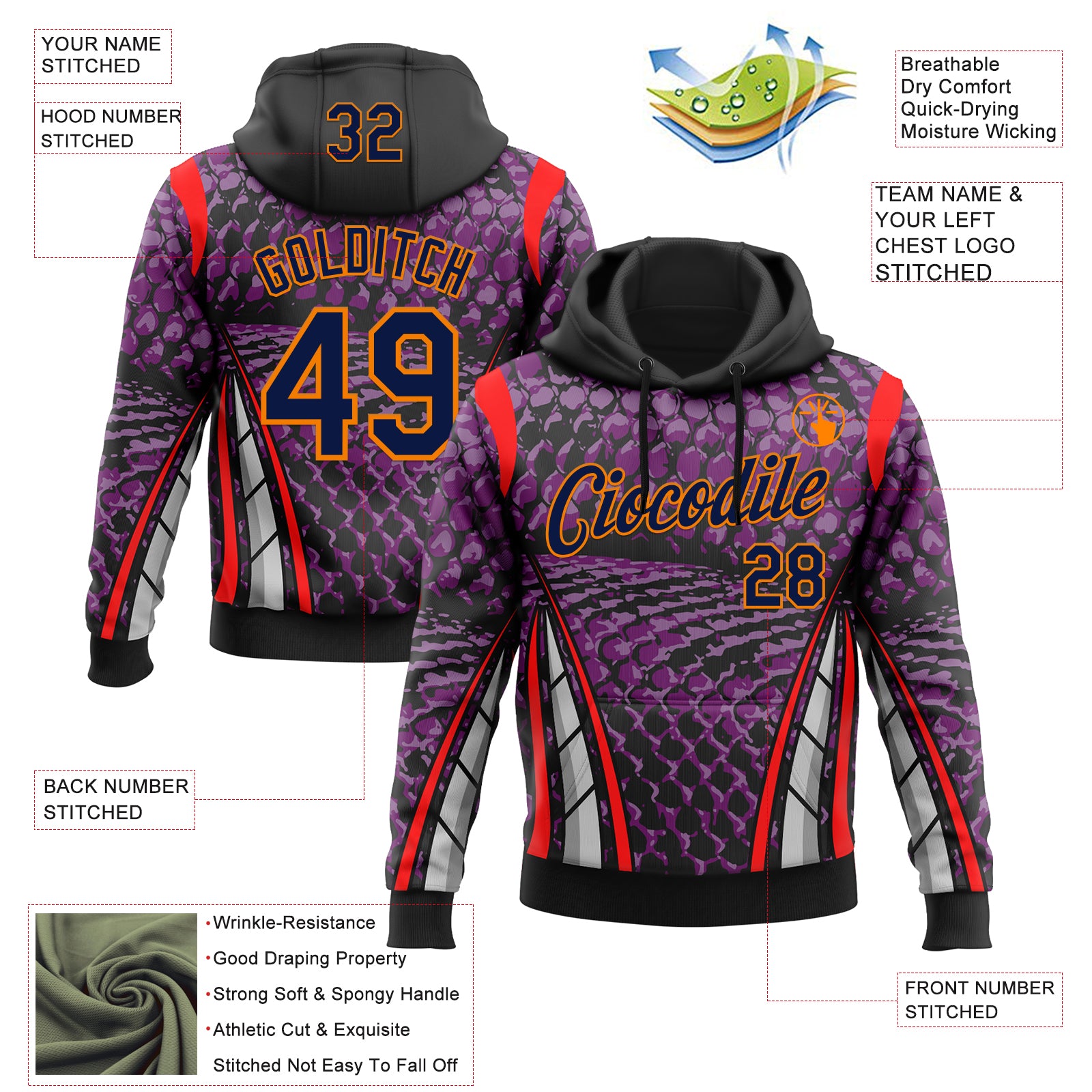 Custom Stitched Purple Navy Black Red Bay Orange-White 3D Pattern Design Snake Skin Print Sportswear Pullover Sweatshirt Hoodie