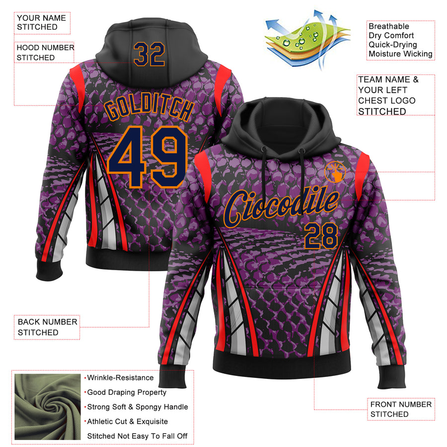 Custom Stitched Purple Navy Black Red Bay Orange-White 3D Pattern Design Snake Skin Print Sportswear Pullover Sweatshirt Hoodie