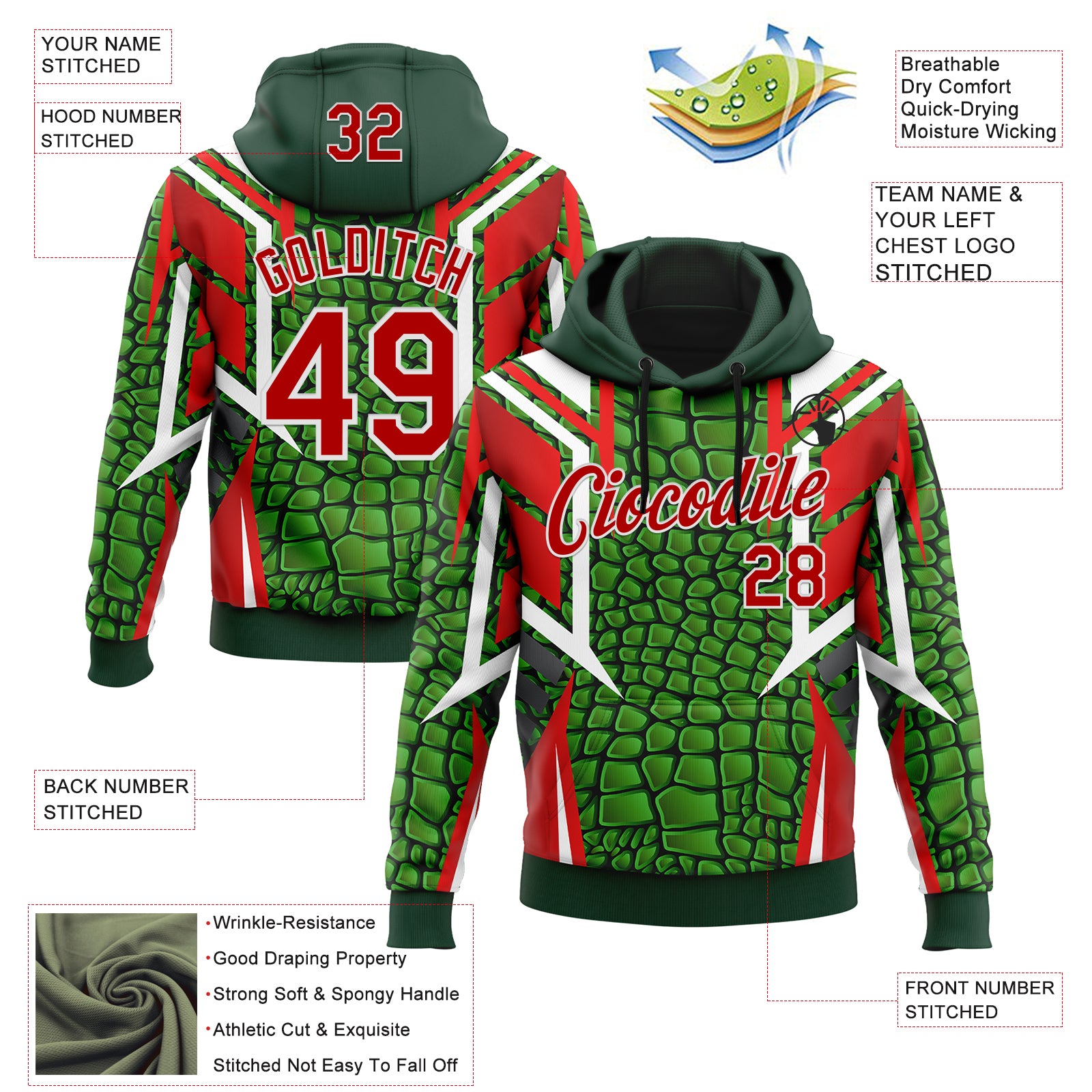 Custom Stitched Green Red-White 3D Pattern Design Crocodile Skin Print Sportswear Pullover Sweatshirt Hoodie