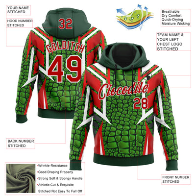 Custom Stitched Green Red-White 3D Pattern Design Crocodile Skin Print Sportswear Pullover Sweatshirt Hoodie