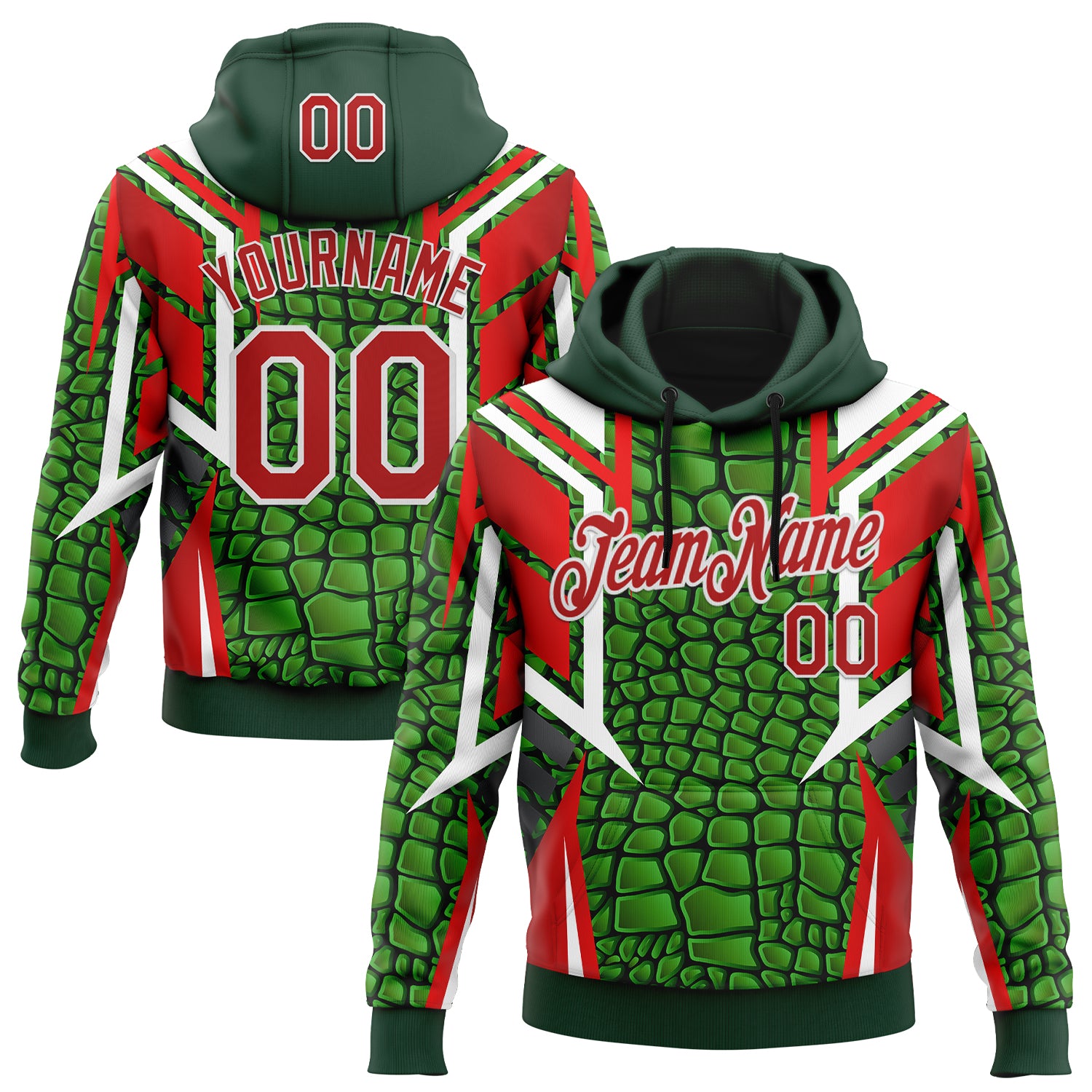 Custom Stitched Green Red-White 3D Pattern Design Crocodile Skin Print Sportswear Pullover Sweatshirt Hoodie