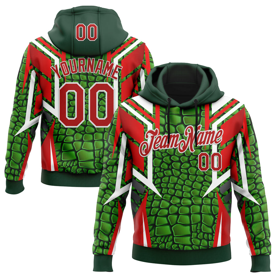 Custom Stitched Green Red-White 3D Pattern Design Crocodile Skin Print Sportswear Pullover Sweatshirt Hoodie