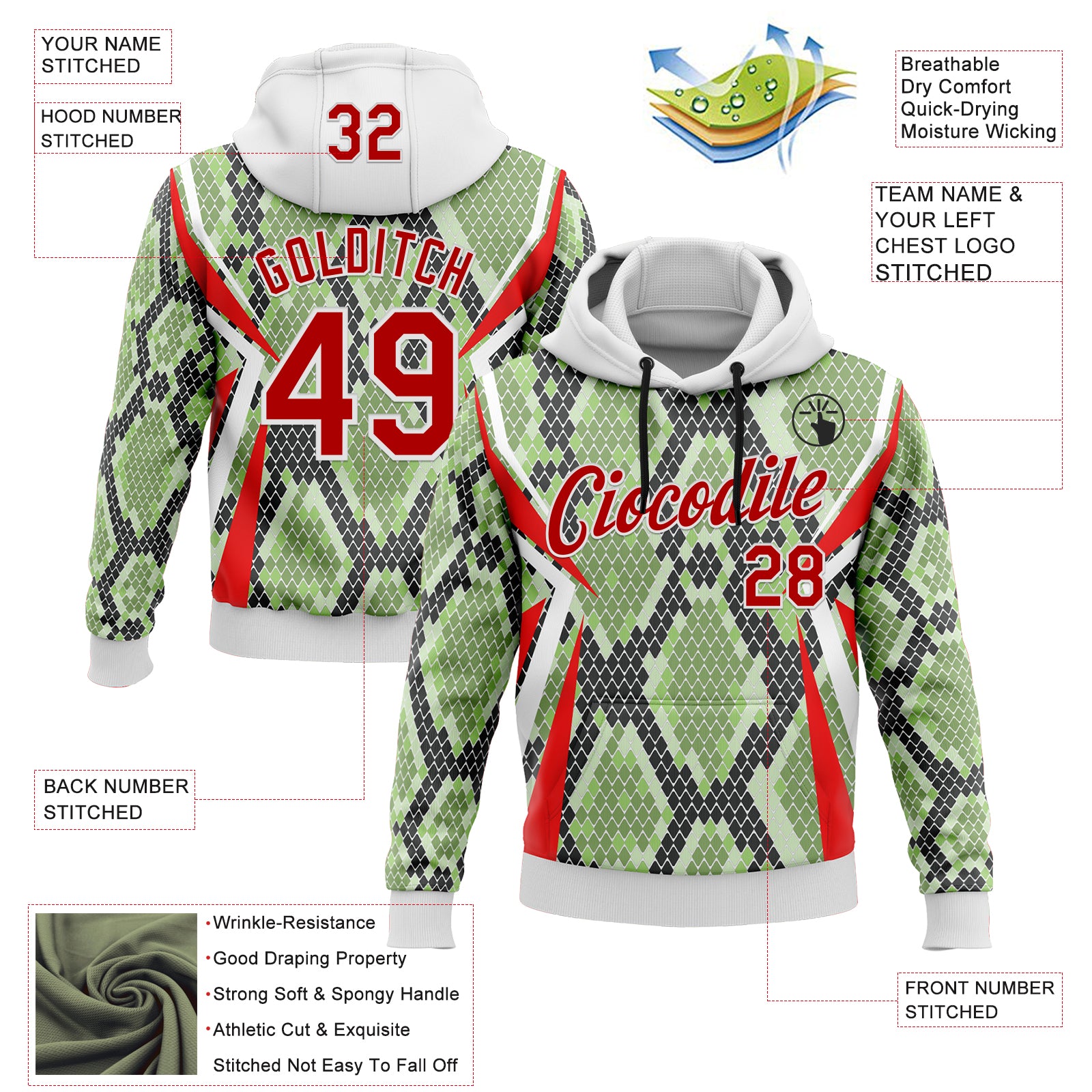 Custom Stitched Green Red Black-White 3D Pattern Design Snake Skin Print Sportswear Pullover Sweatshirt Hoodie