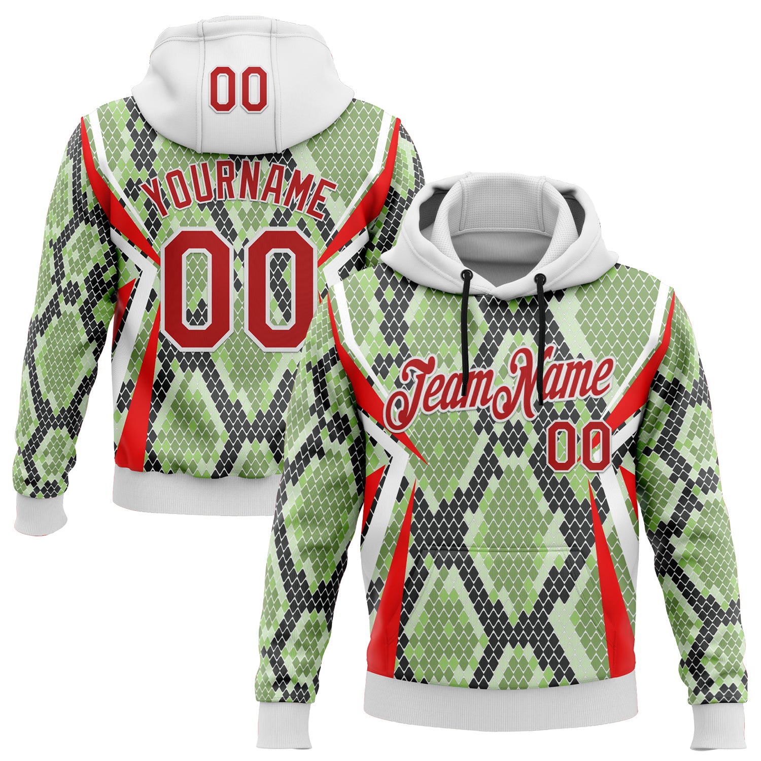 Custom Stitched Green Red Black-White 3D Pattern Design Snake Skin Print Sportswear Pullover Sweatshirt Hoodie