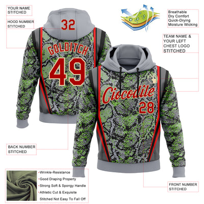 Custom Stitched Gray Red Green Black-Cream 3D Pattern Design Snake Skin Print Sportswear Pullover Sweatshirt Hoodie