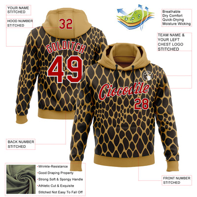 Custom Stitched Old Gold Red Brown-White 3D Pattern Design Snake Skin Print Sportswear Pullover Sweatshirt Hoodie