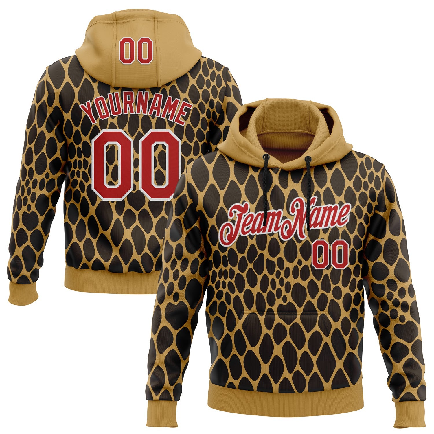 Custom Stitched Old Gold Red Brown-White 3D Pattern Design Snake Skin Print Sportswear Pullover Sweatshirt Hoodie