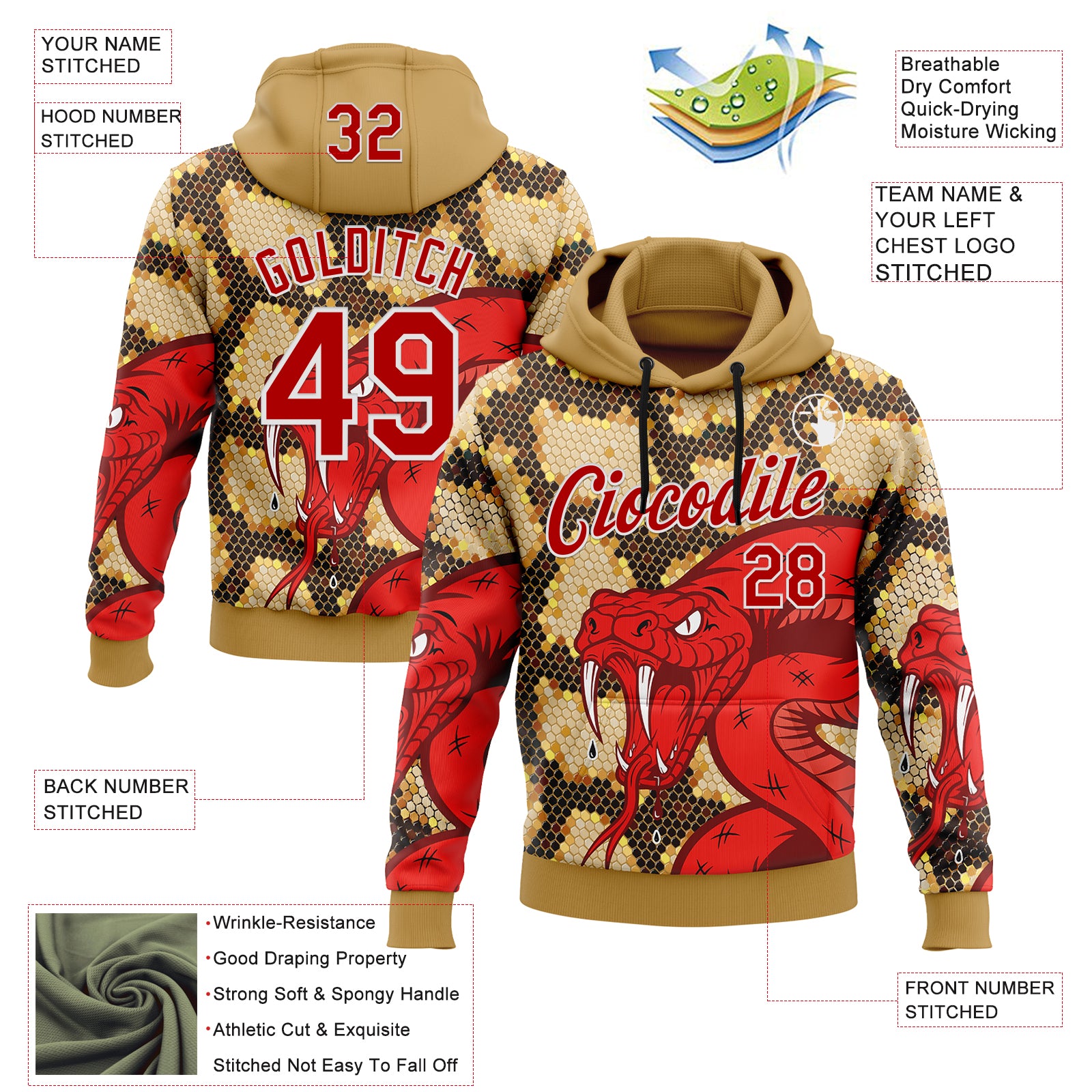 Custom Stitched Old Gold Red Black-White 3D Pattern Design Snake Skin Print Sportswear Pullover Sweatshirt Hoodie