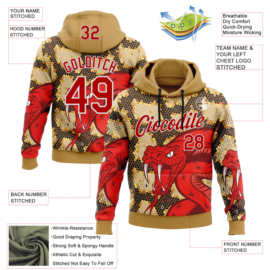 Custom Stitched Old Gold Red Black-White 3D Pattern Design Snake Skin Print Sportswear Pullover Sweatshirt Hoodie