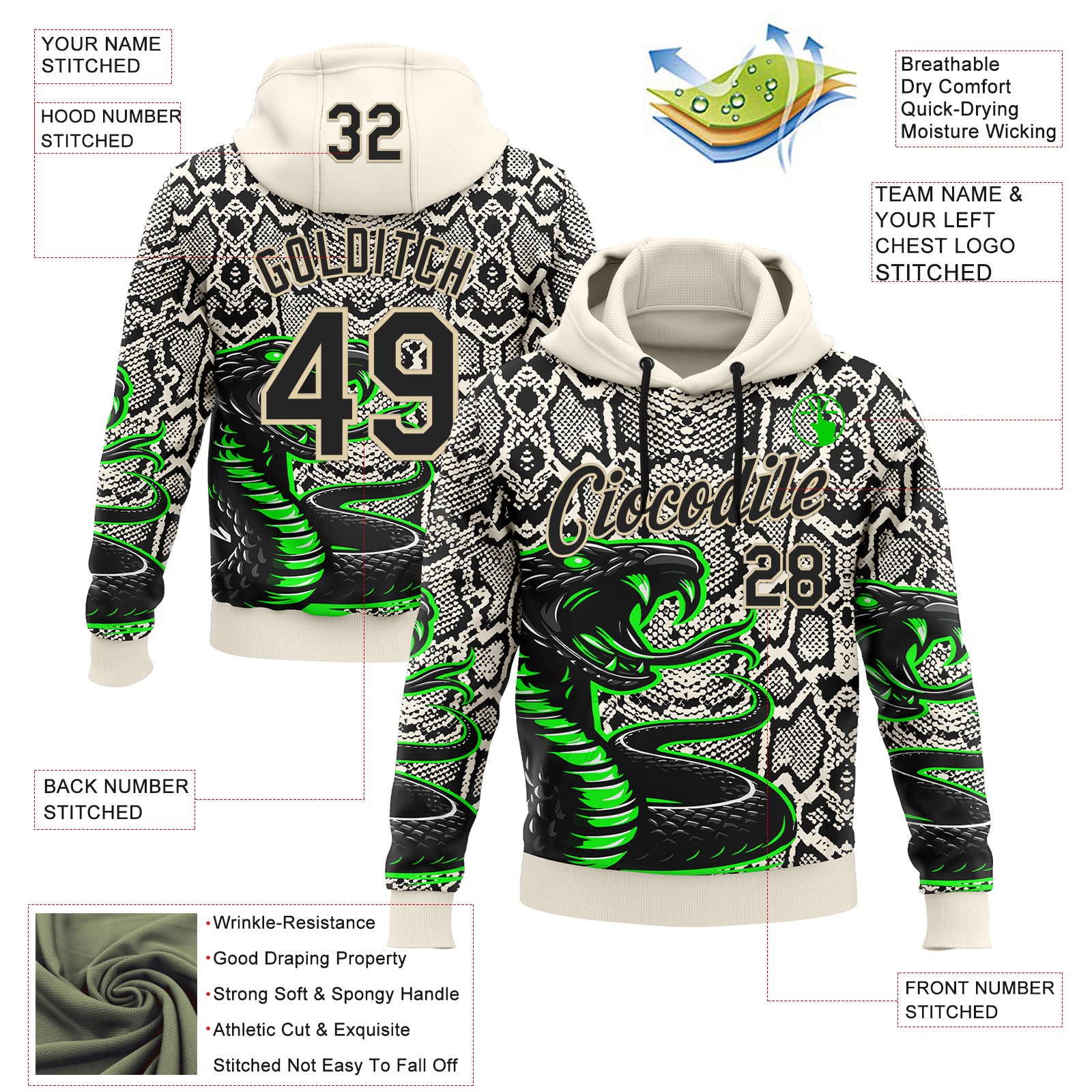 Custom Stitched Cream Black-Green 3D Pattern Design Snake Skin Print Sportswear Pullover Sweatshirt Hoodie