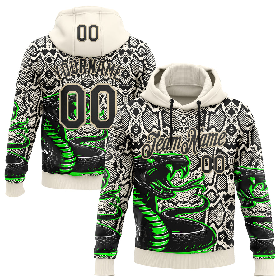Custom Stitched Cream Black-Green 3D Pattern Design Snake Skin Print Sportswear Pullover Sweatshirt Hoodie