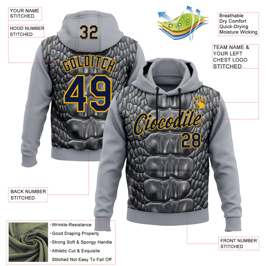 Custom Stitched Gray Navy Black-Gold 3D Pattern Design Snake Skin Print Sportswear Pullover Sweatshirt Hoodie