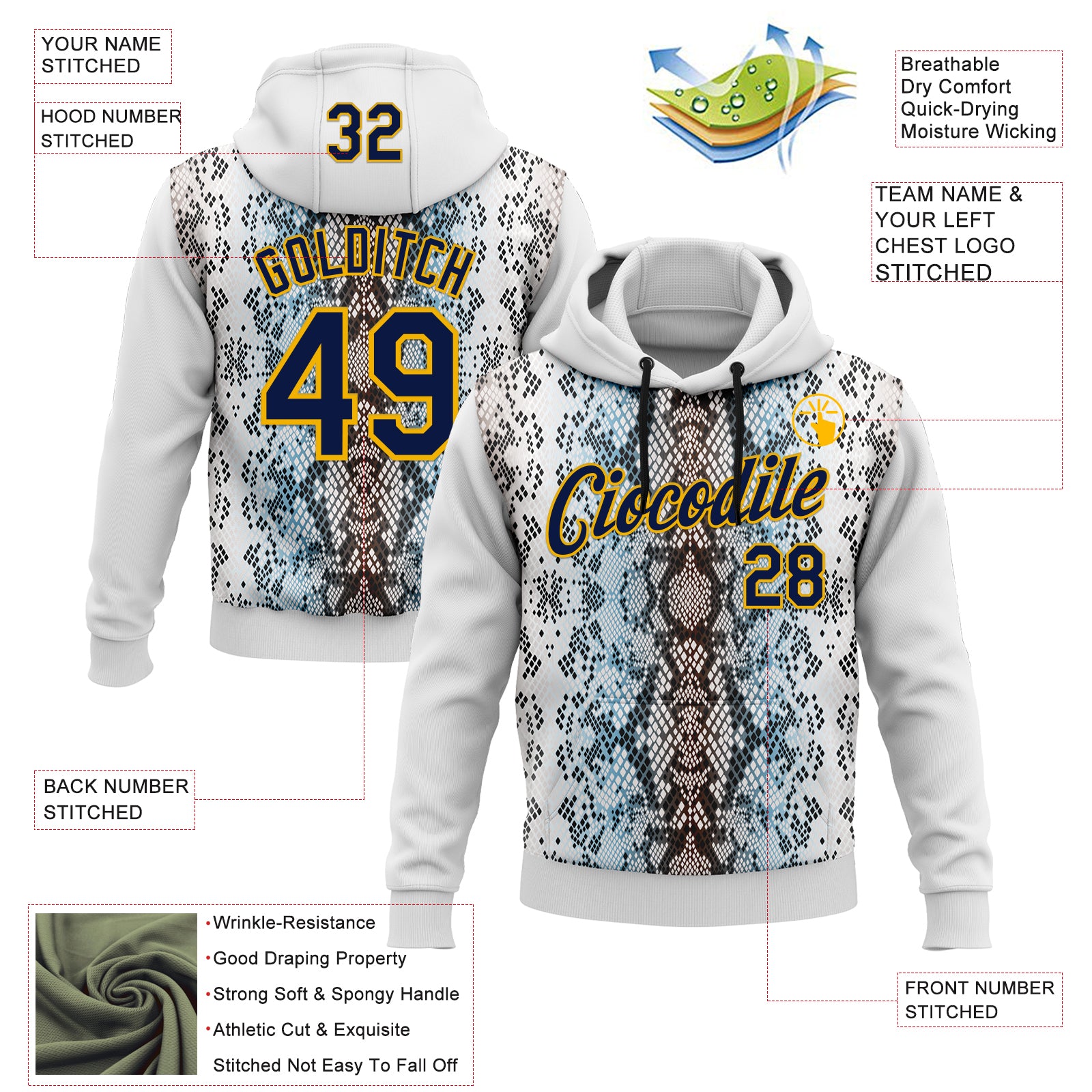 Custom Stitched White Navy Black Blue-Gold 3D Pattern Design Snake Skin Print Sportswear Pullover Sweatshirt Hoodie