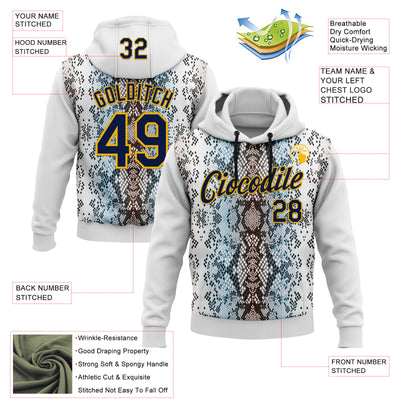 Custom Stitched White Navy Black Blue-Gold 3D Pattern Design Snake Skin Print Sportswear Pullover Sweatshirt Hoodie