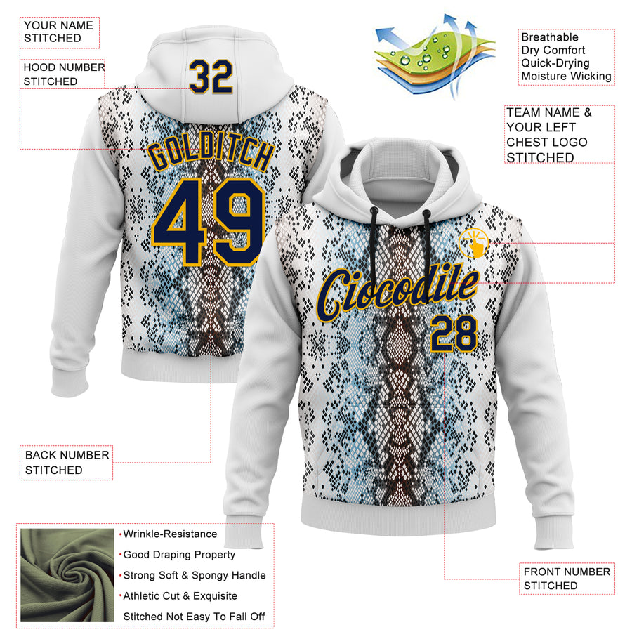 Custom Stitched White Navy Black Blue-Gold 3D Pattern Design Snake Skin Print Sportswear Pullover Sweatshirt Hoodie