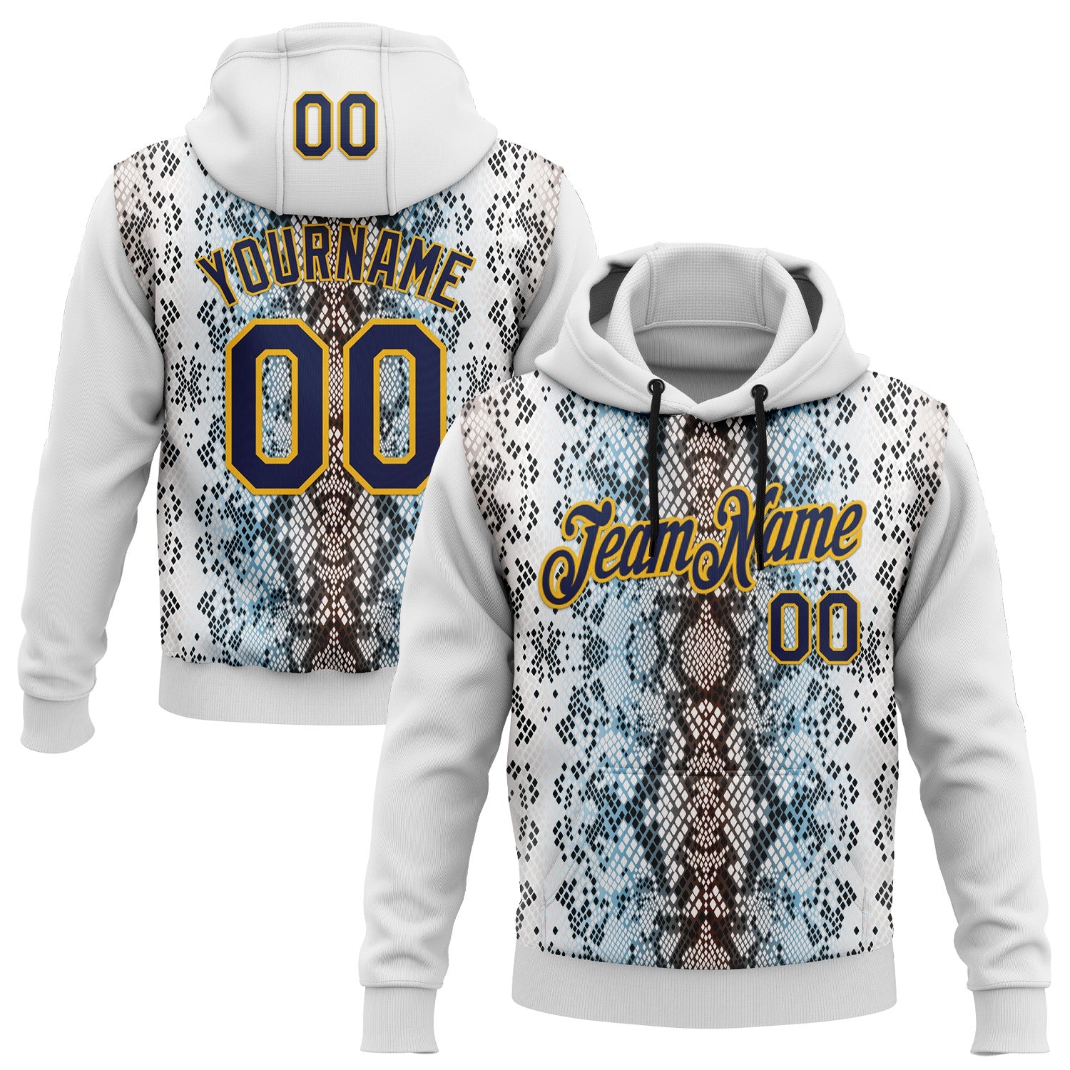 Custom Stitched White Navy Black Blue-Gold 3D Pattern Design Snake Skin Print Sportswear Pullover Sweatshirt Hoodie