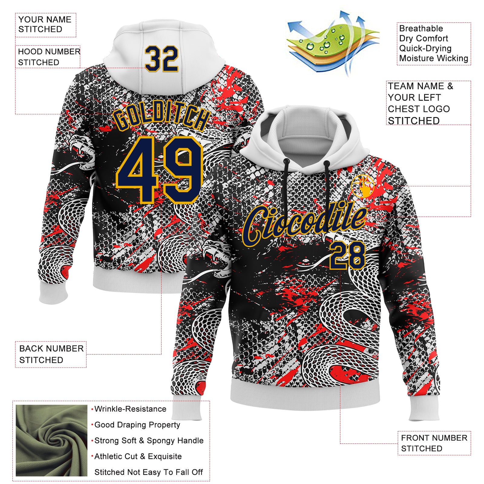 Custom Stitched White Navy Black Red-Gold 3D Pattern Design Snake Skin Print Sportswear Pullover Sweatshirt Hoodie