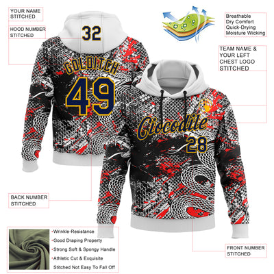 Custom Stitched White Navy Black Red-Gold 3D Pattern Design Snake Skin Print Sportswear Pullover Sweatshirt Hoodie