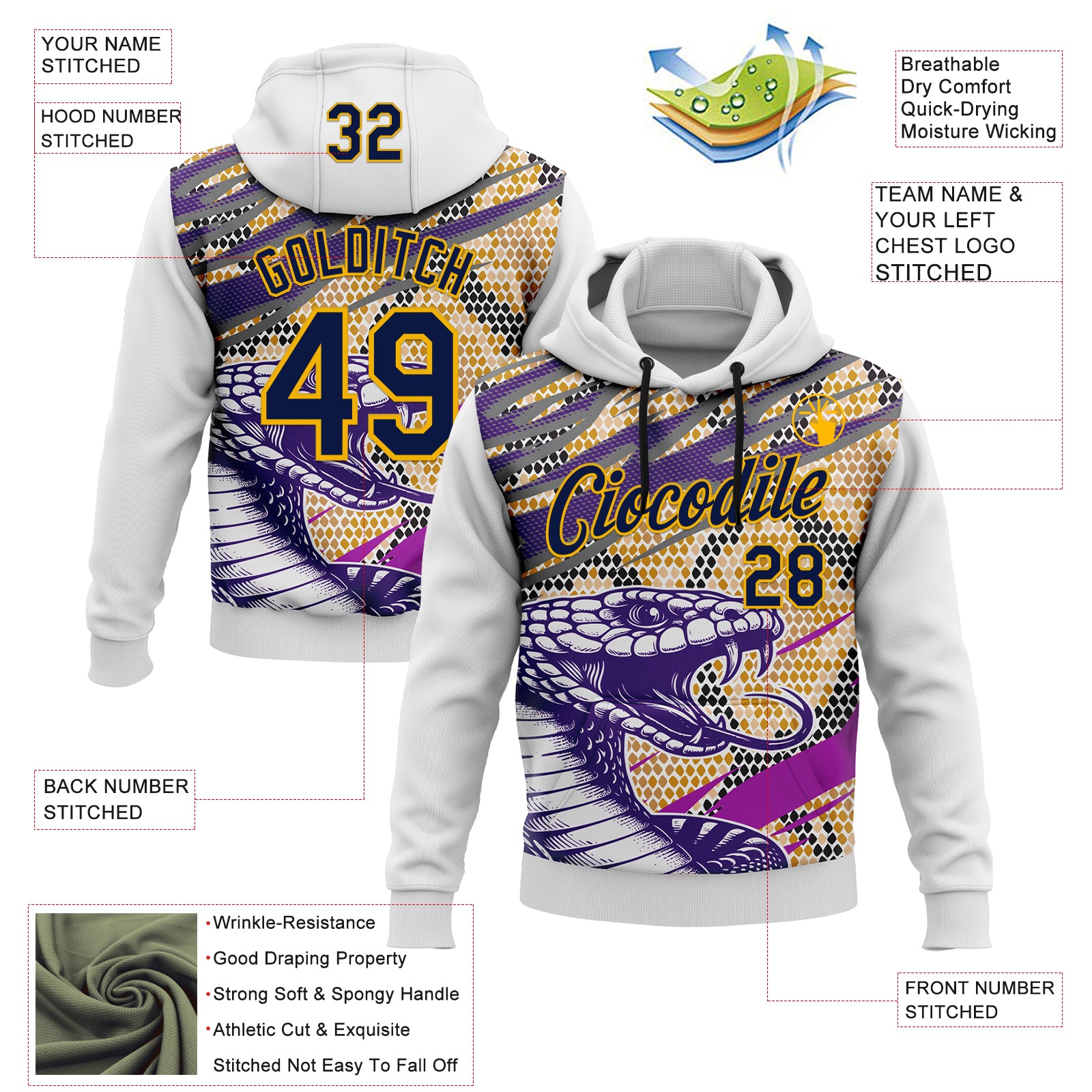 Custom Stitched White Navy Purple Black-Gold 3D Pattern Design Snake Skin Print Sportswear Pullover Sweatshirt Hoodie