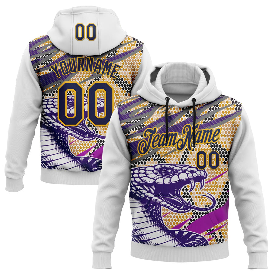 Custom Stitched White Navy Purple Black-Gold 3D Pattern Design Snake Skin Print Sportswear Pullover Sweatshirt Hoodie
