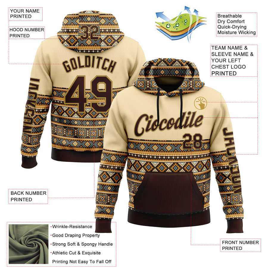 Custom Cream Brown-Old Gold 3D Pattern Design Western Cowboy Tribal Ethnic Sports Pullover Sweatshirt Hoodie