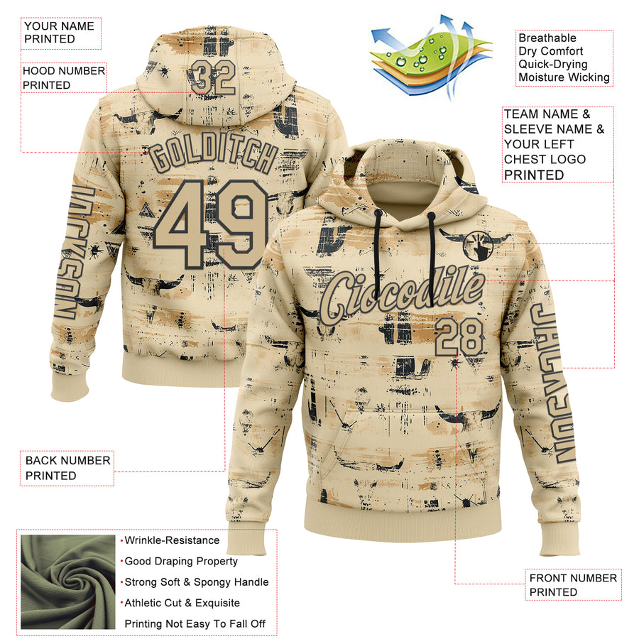 Custom Cream Vegas Gold-Black 3D Pattern Design Western Cowboy Tribal Ethnic Sports Pullover Sweatshirt Hoodie