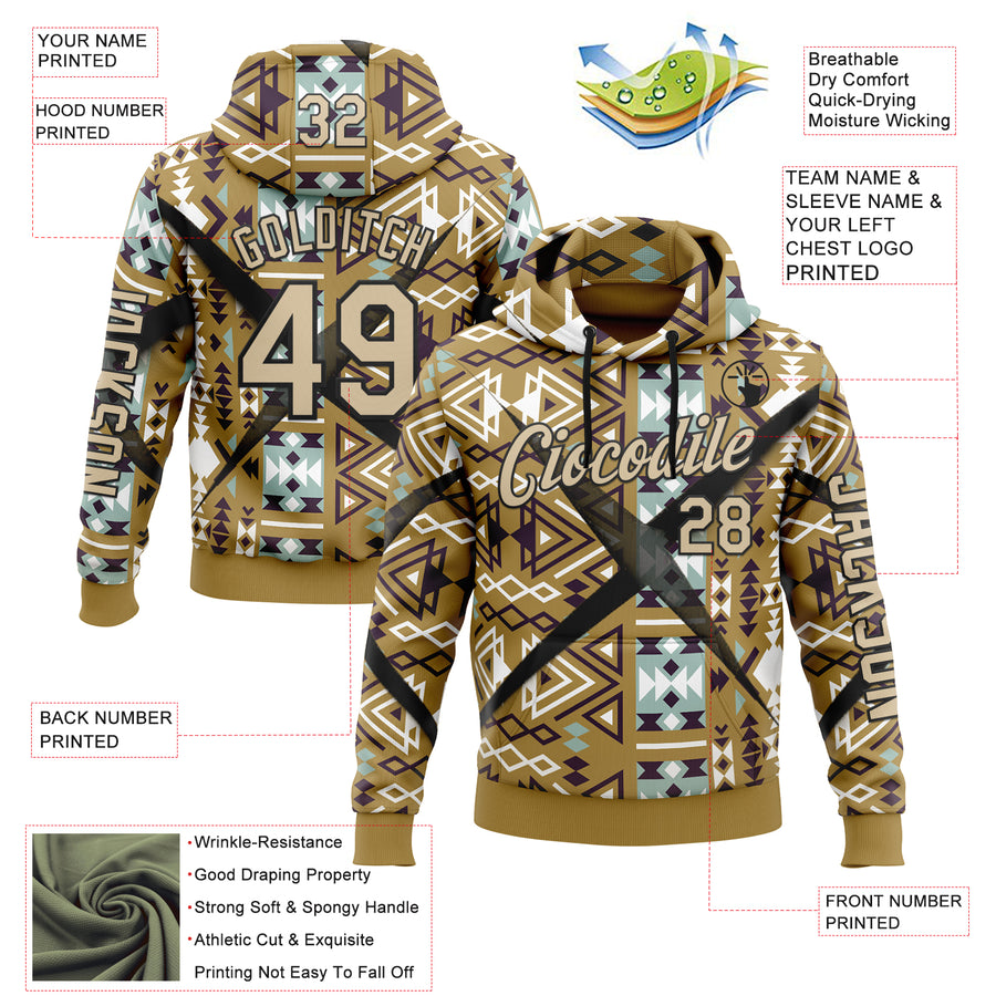 Custom Old Gold City Cream-Black 3D Pattern Design Western Cowboy Tribal Ethnic Sports Pullover Sweatshirt Hoodie