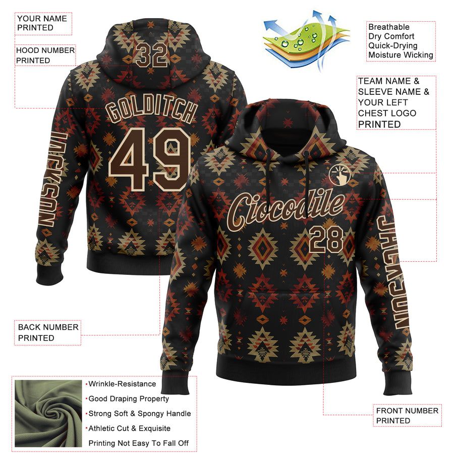 Custom Black Brown-City Cream 3D Pattern Design Western Cowboy Tribal Ethnic Sports Pullover Sweatshirt Hoodie
