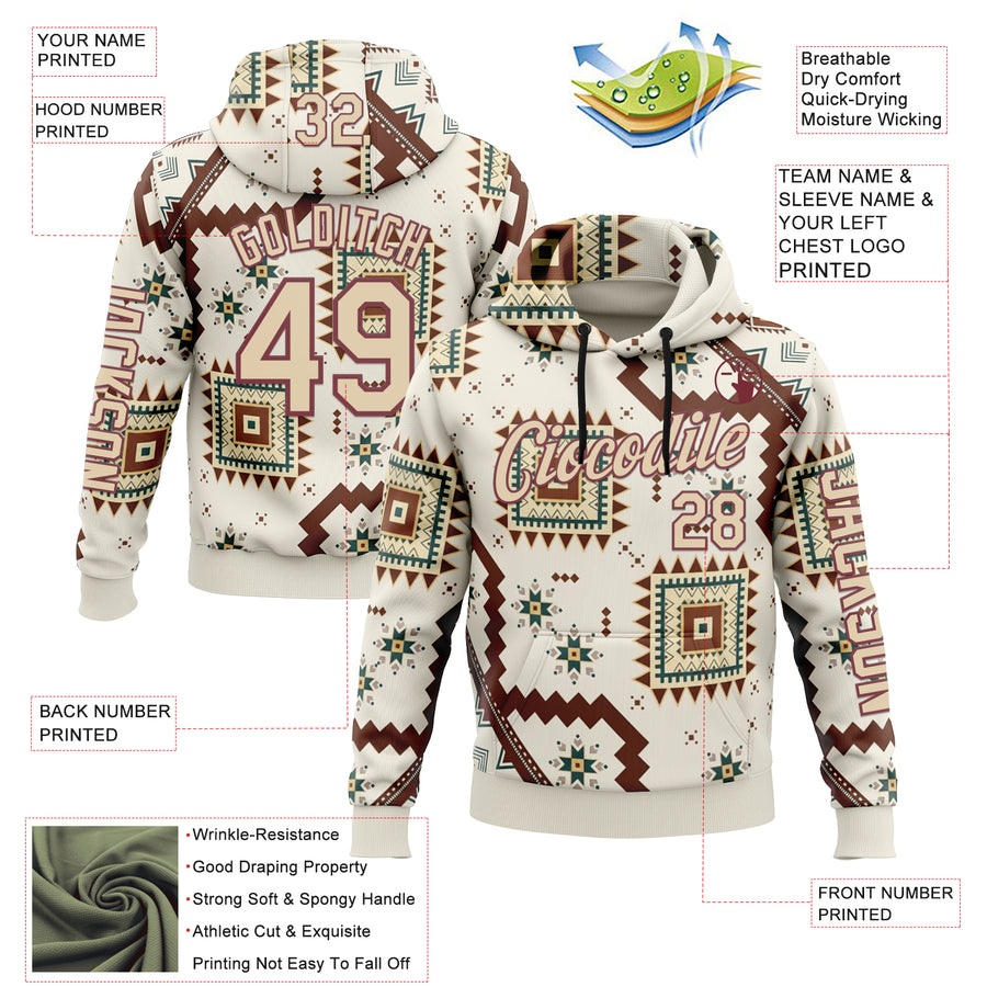 Custom White City Cream-Burgundy 3D Pattern Design Western Cowboy Tribal Ethnic Sports Pullover Sweatshirt Hoodie