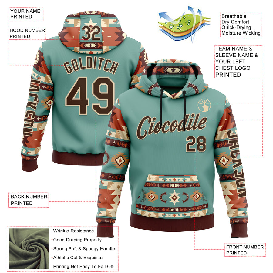 Custom Blue Brown-City Cream 3D Pattern Design Western Cowboy Tribal Ethnic Sports Pullover Sweatshirt Hoodie