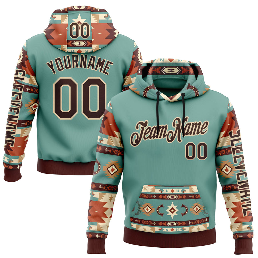 Custom Blue Brown-City Cream 3D Pattern Design Western Cowboy Tribal Ethnic Sports Pullover Sweatshirt Hoodie