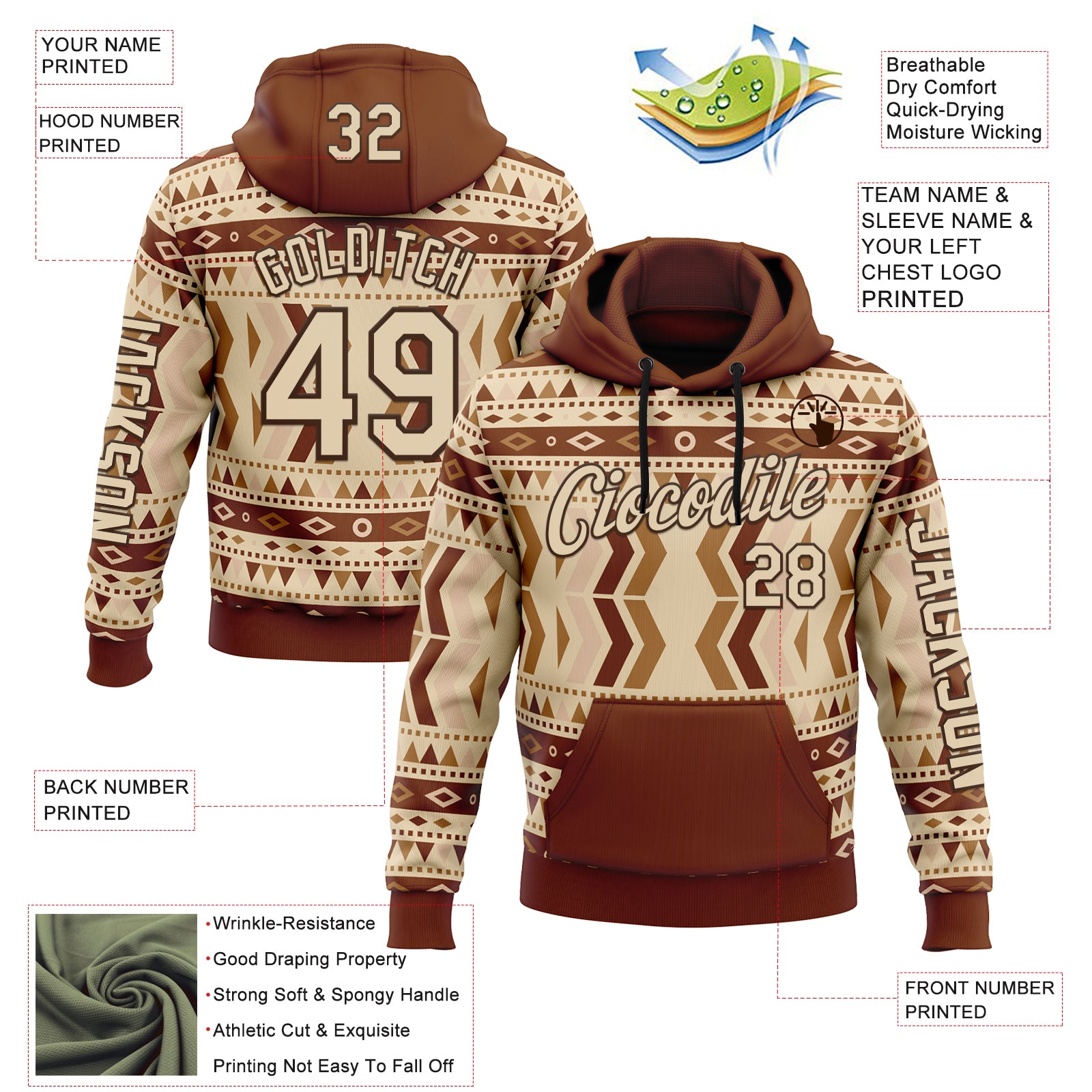 Custom City Cream Brown 3D Pattern Design Western Cowboy Tribal Ethnic Sports Pullover Sweatshirt Hoodie
