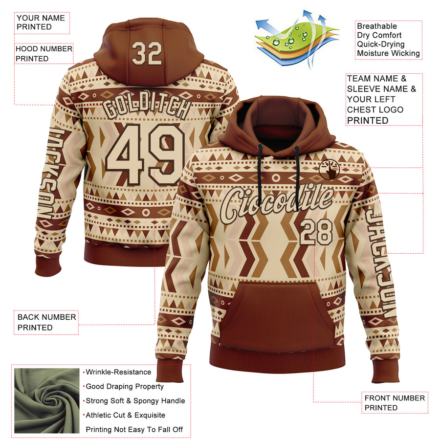 Custom City Cream Brown 3D Pattern Design Western Cowboy Tribal Ethnic Sports Pullover Sweatshirt Hoodie