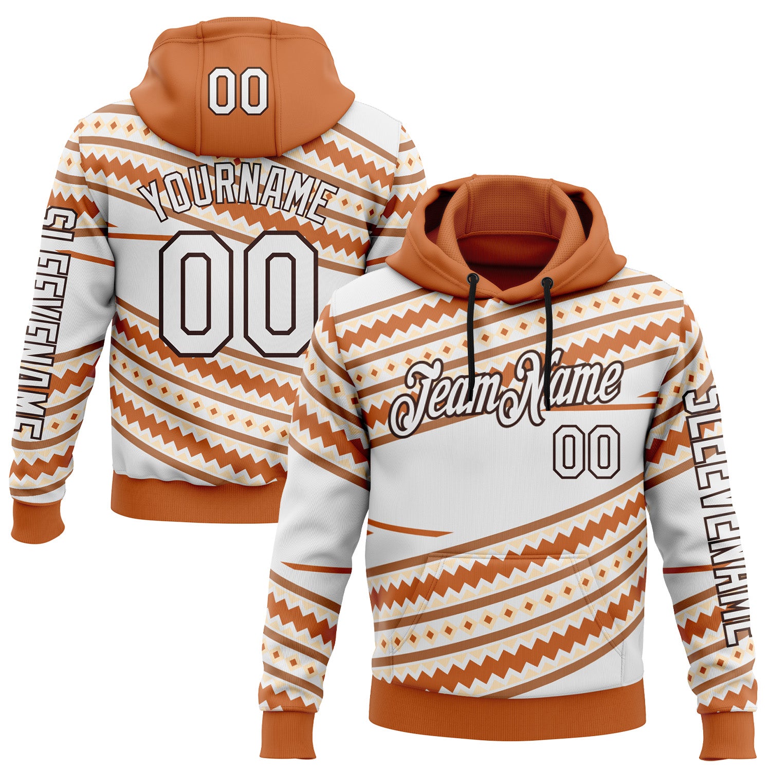 Custom White Orange-Brown 3D Pattern Design Western Cowboy Tribal Ethnic Sports Pullover Sweatshirt Hoodie