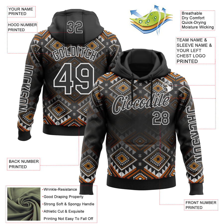 Custom Black White 3D Pattern Design Western Cowboy Tribal Ethnic Sports Pullover Sweatshirt Hoodie