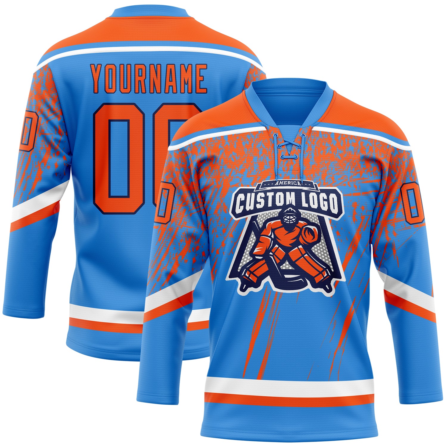 Custom Powder Blue Orange Navy-White 3D Splash Hockey Lace Neck Jersey