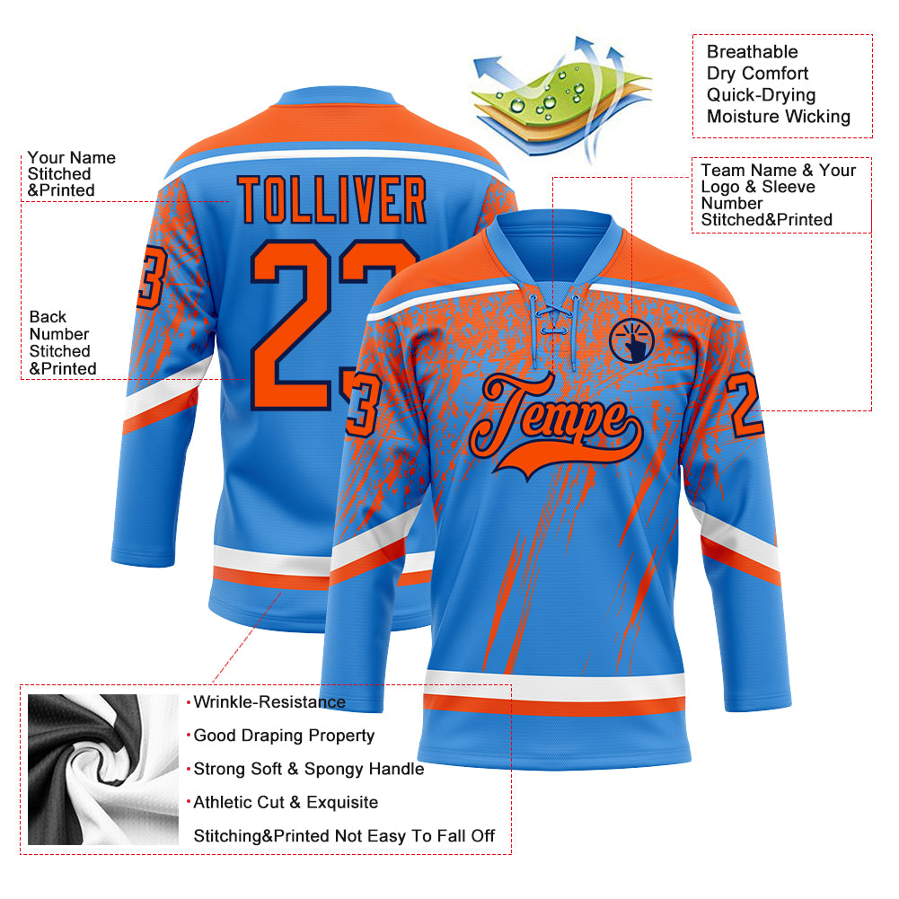 Custom Powder Blue Orange Navy-White 3D Splash Hockey Lace Neck Jersey