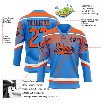 Custom Powder Blue Orange Navy-White 3D Splash Hockey Lace Neck Jersey