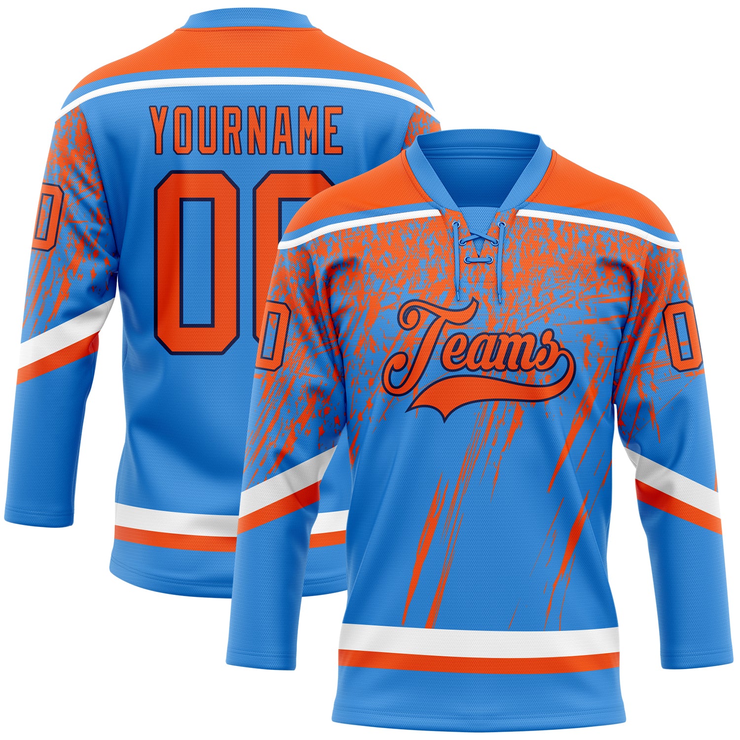 Custom Powder Blue Orange Navy-White 3D Splash Hockey Lace Neck Jersey