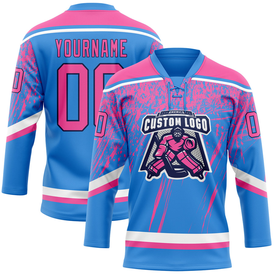 Custom Powder Blue Pink Navy-White 3D Splash Hockey Lace Neck Jersey