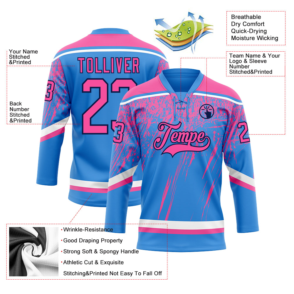Custom Powder Blue Pink Navy-White 3D Splash Hockey Lace Neck Jersey